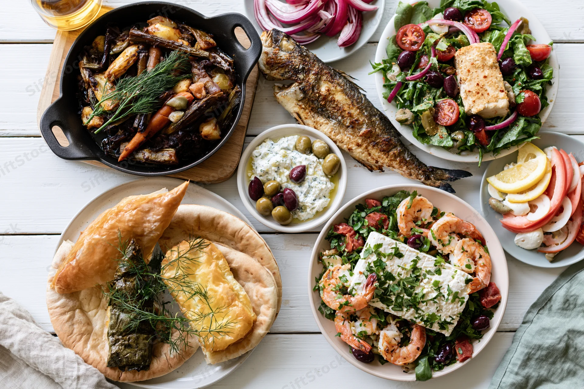Greek mezze spread with grilled fish, salads, pita, and dips on white wooden table