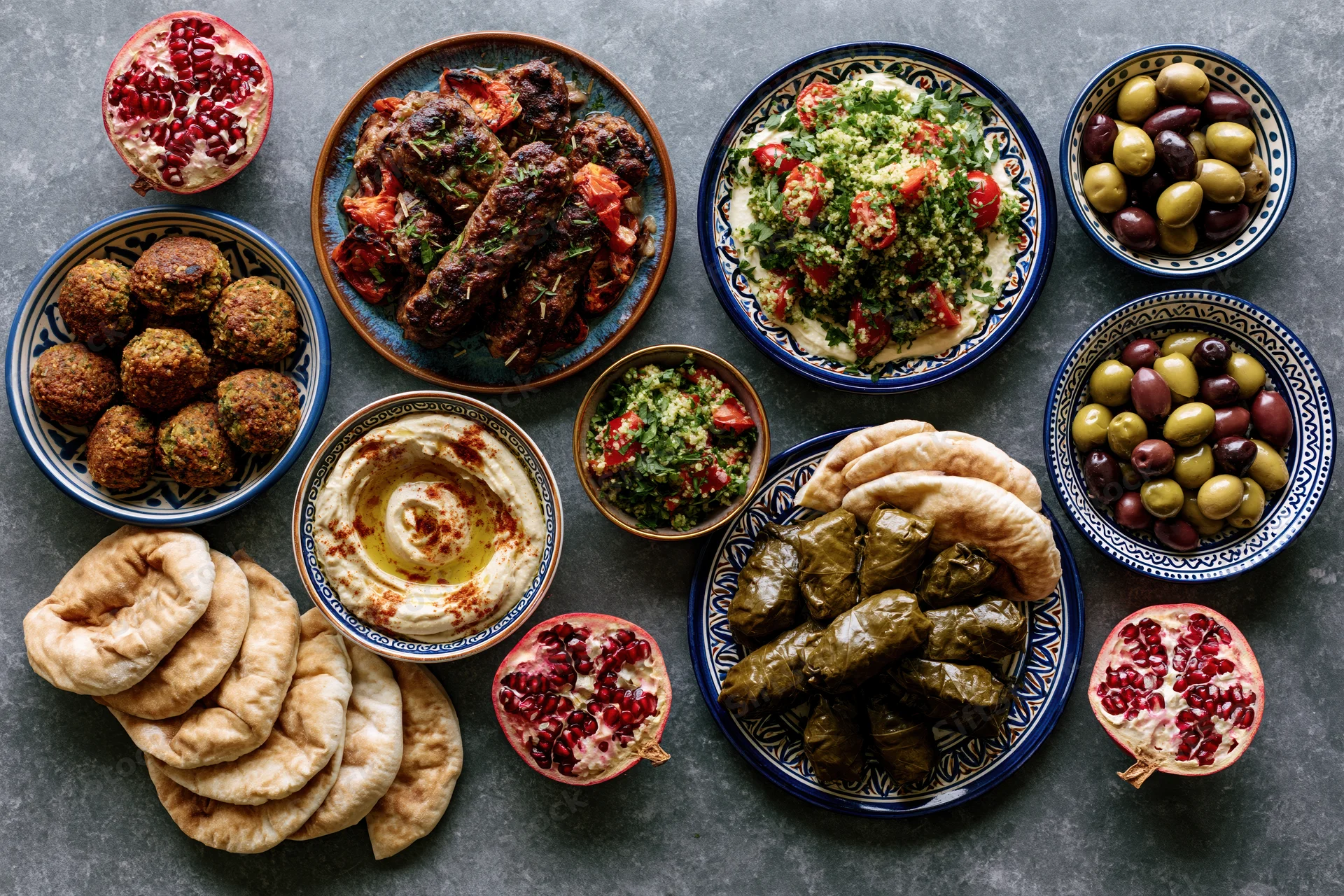 Overhead flat lay of a lebanese mezze spread with hummus, falafel, tabbouleh, dolma, pita, olives and pomegranate on a dark surface