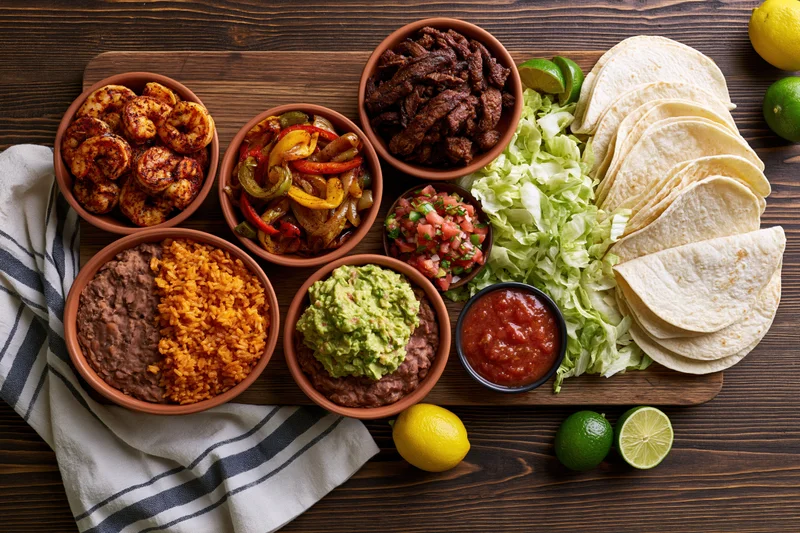 Overhead flat lay of a mexican fajita spread with tortillas, beef, shrimp, vegetables, guacamole, salsa, rice, beans, and lime on a dark wooden table