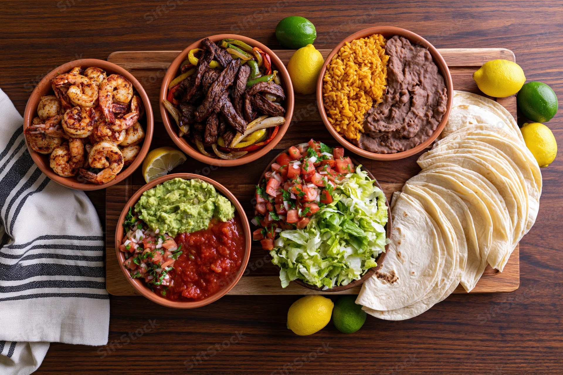Overhead flat lay of a mexican fajita spread with shrimp, beef, guacamole, salsa, rice, beans, tortillas, and fresh vegetables on a wooden cutting board
