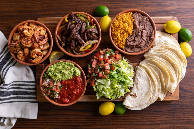 Overhead flat lay of a mexican fajita spread with shrimp, beef, guacamole, salsa, rice, beans, tortillas, and fresh vegetables on a wooden cutting board