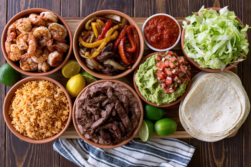 Overhead flat lay of a mexican fajita spread with shrimp, beef, rice, guacamole, salsa, lettuce, tortillas, and limes on a wooden table