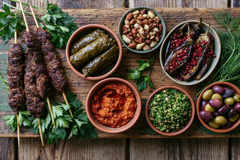 Overhead flat lay of middle eastern mezze spread with kebabs, dolma, hummus, baba ghanoush, olives, nuts and herbs on wooden table
