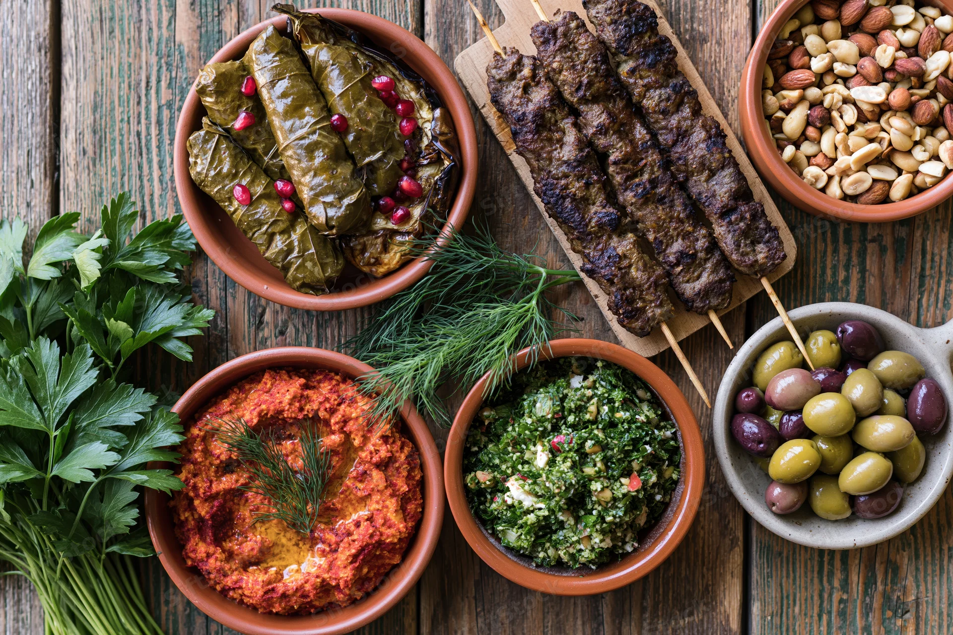 Overhead flat lay of a middle eastern mezze spread with grilled kebabs, dolma, hummus, tabbouleh, olives and nuts on a rustic wooden table