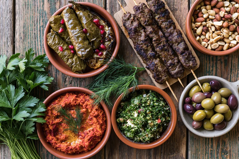 Overhead flat lay of a middle eastern mezze spread with grilled kebabs, dolma, hummus, tabbouleh, olives and nuts on a rustic wooden table
