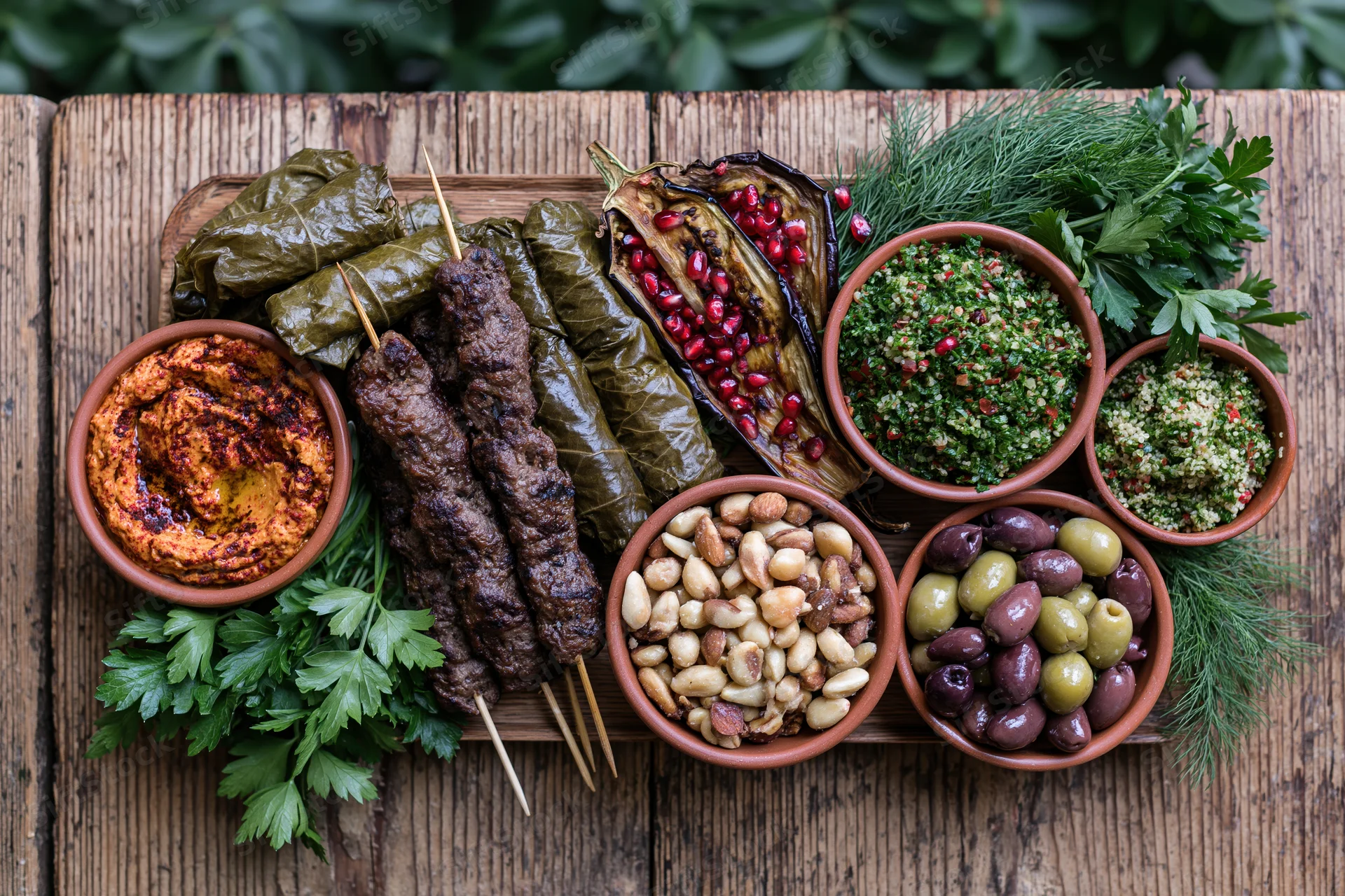 Overhead flat lay of a middle eastern mezze spread on a wooden table with grilled kebabs, dolma, hummus, olives, nuts, and fresh herbs arranged around bowls of dips and garnishes