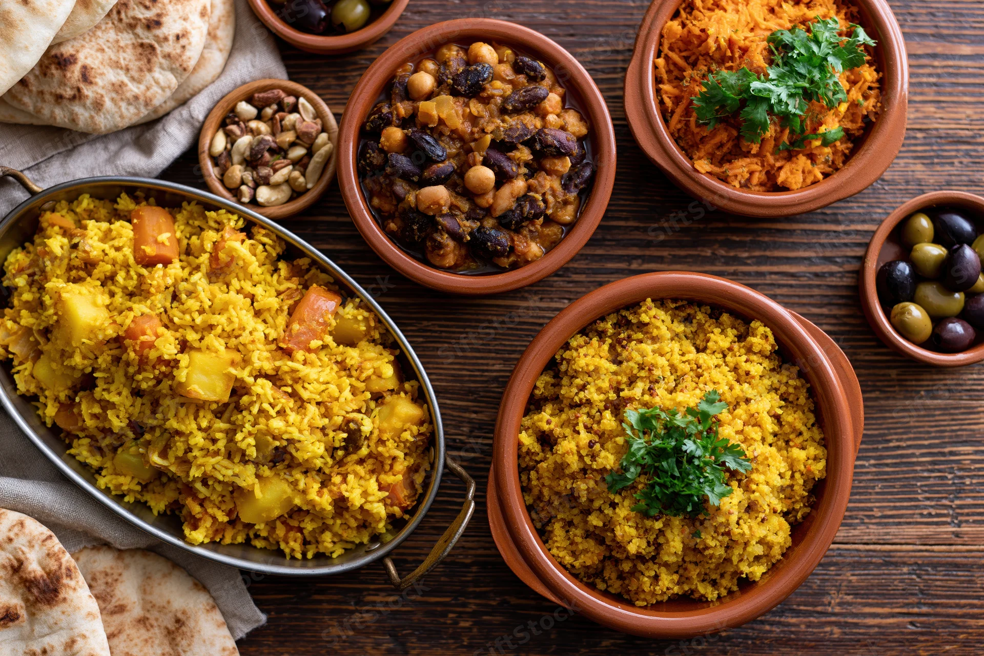 Overhead flat lay of a moroccan meal spread with couscous, lentil stew, olives, nuts, and flatbread on a dark wooden table