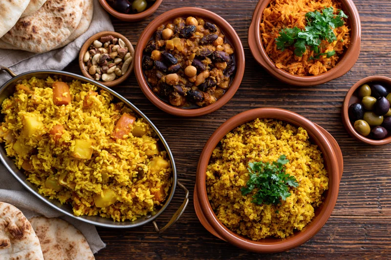 Overhead flat lay of a moroccan meal spread with couscous, lentil stew, olives, nuts, and flatbread on a dark wooden table