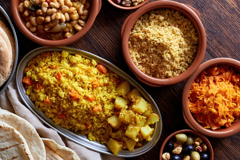 Overhead flat lay of a middle eastern meal with couscous, vegetables, beans, olives and flatbread on a wooden table