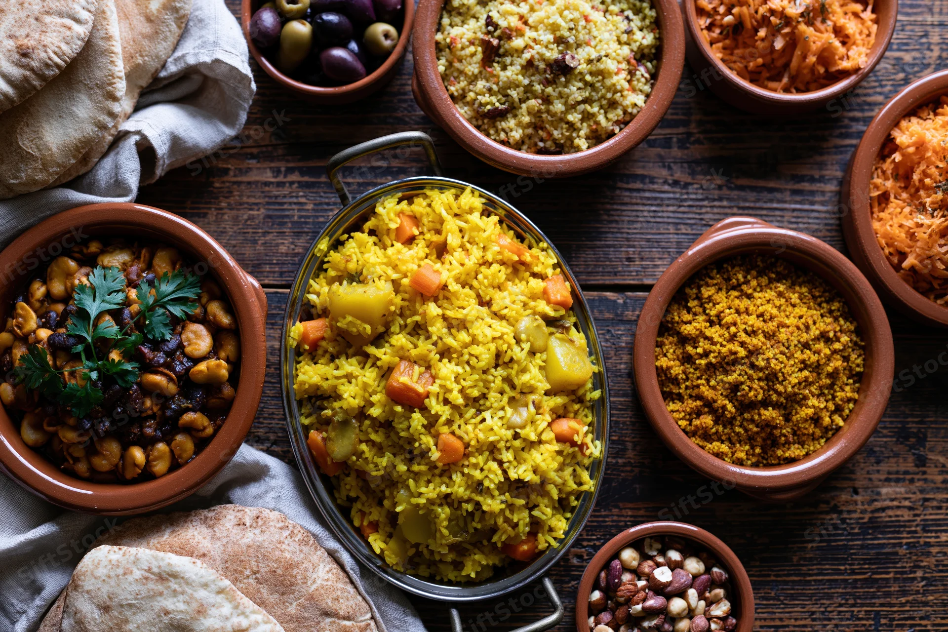 Overhead flat lay of a middle eastern meal with rice, couscous, beans, olives and flatbread on a dark wooden table