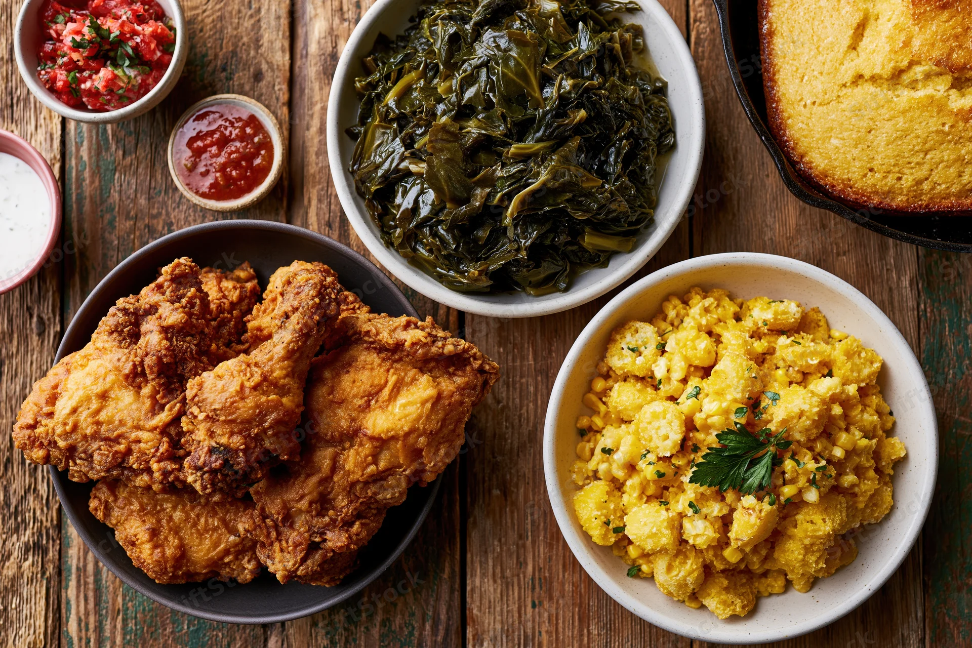Overhead flat lay of southern comfort food spread on a worn wooden table featuring fried chicken, collard greens, mac and cheese, cornbread, and condiments