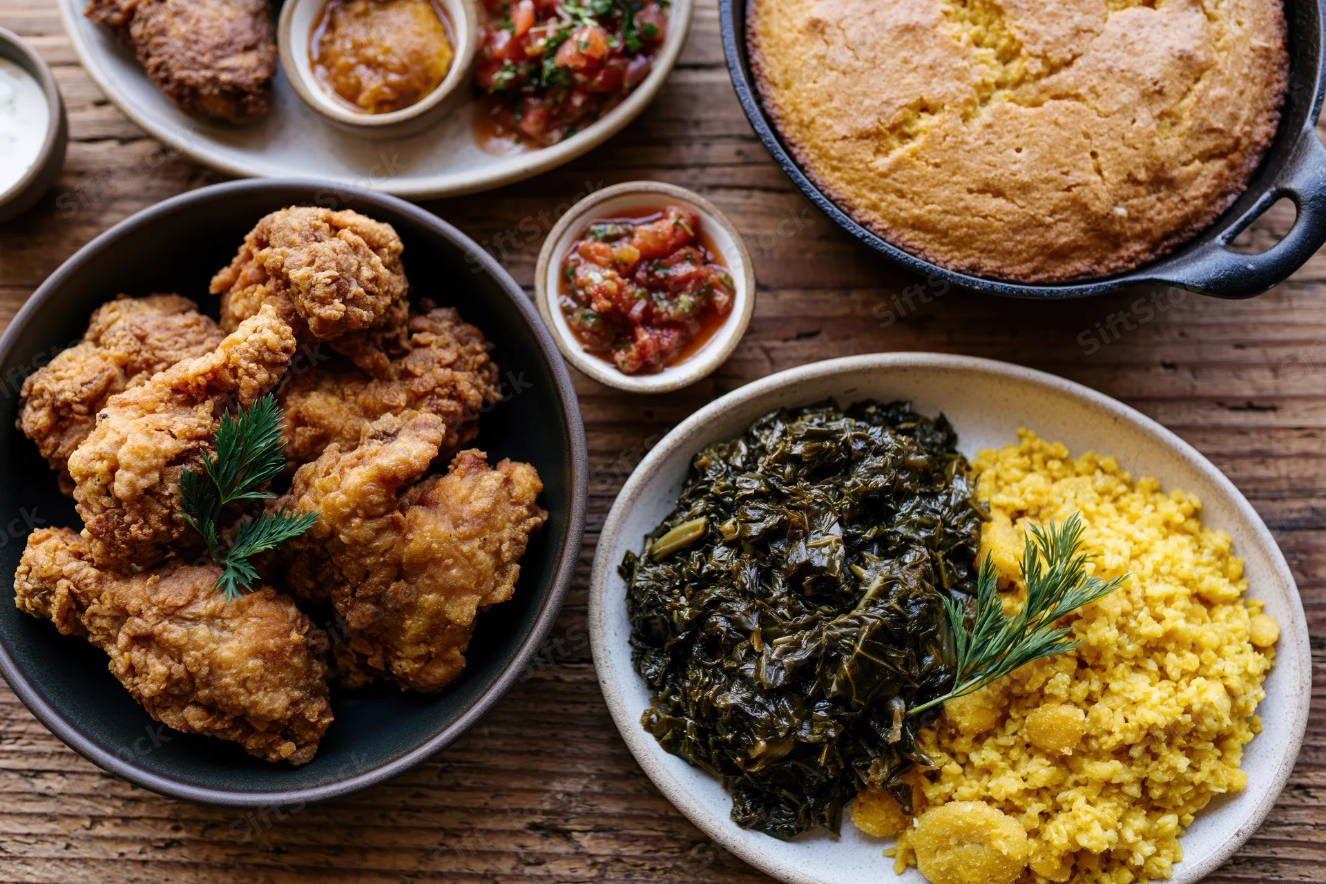 Fried chicken and collard greens with cornbread served on a wooden table in an overhead flat lay arrangement