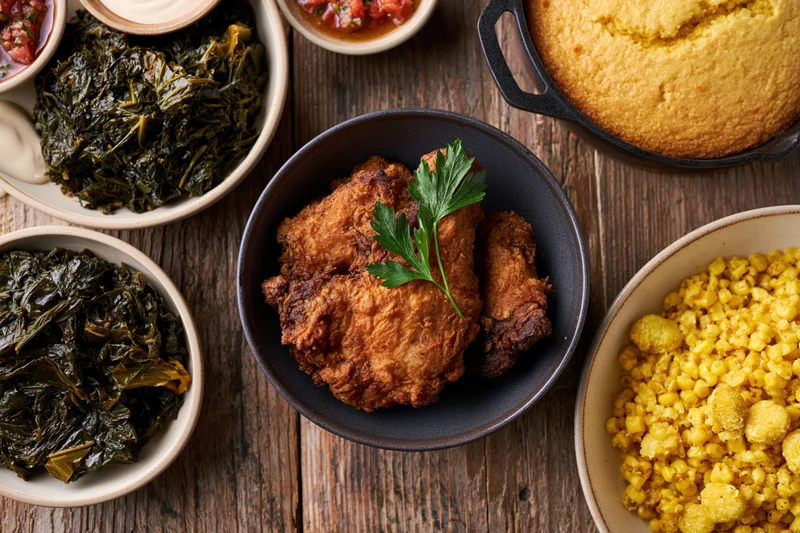Fried chicken with collard greens, cornbread and macaroni and cheese arranged on a wooden table in an overhead flat lay