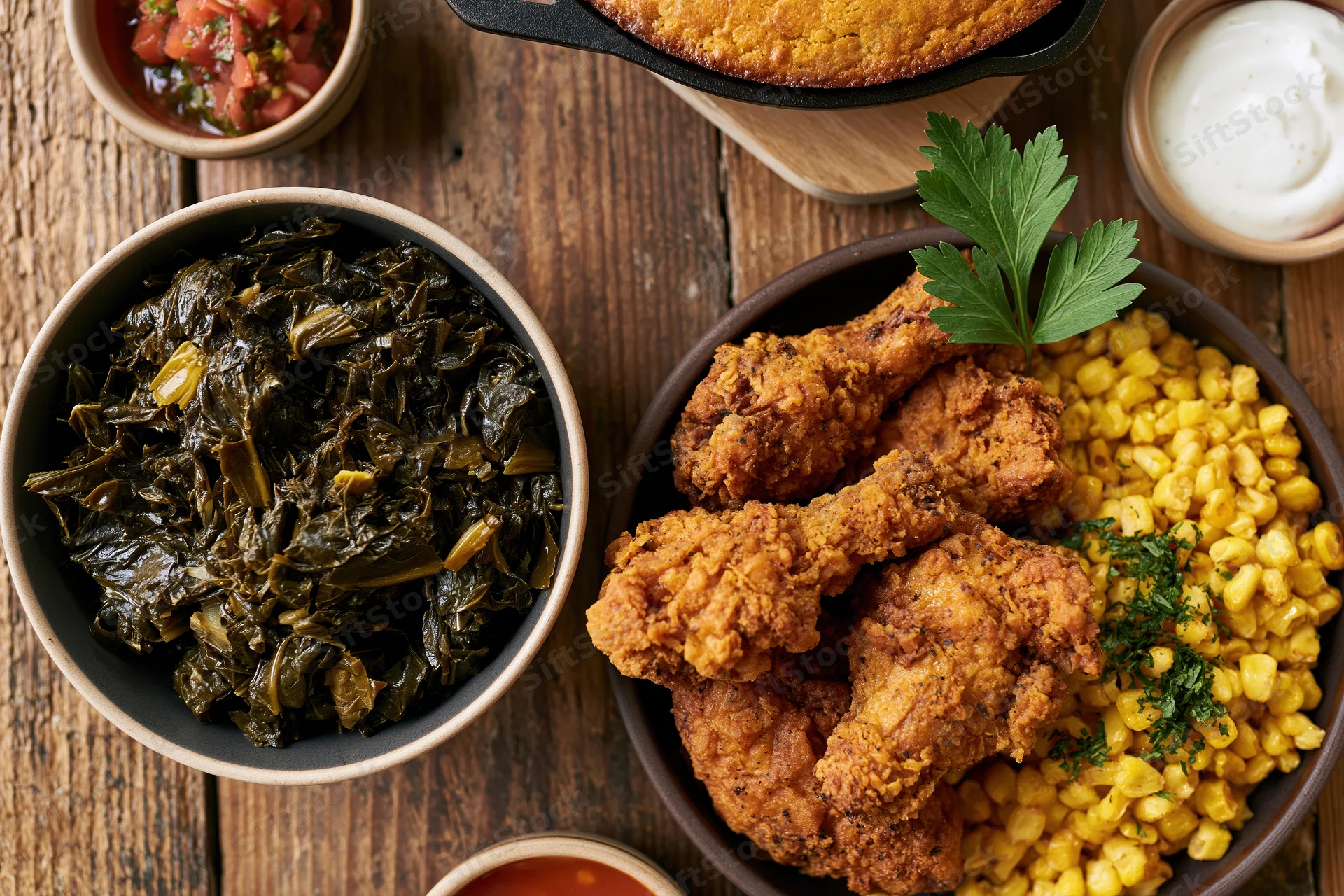 Fried chicken and collard greens with corn on a wooden table in a flat lay arrangement