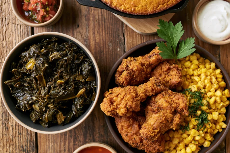 Fried chicken and collard greens with corn on a wooden table in a flat lay arrangement