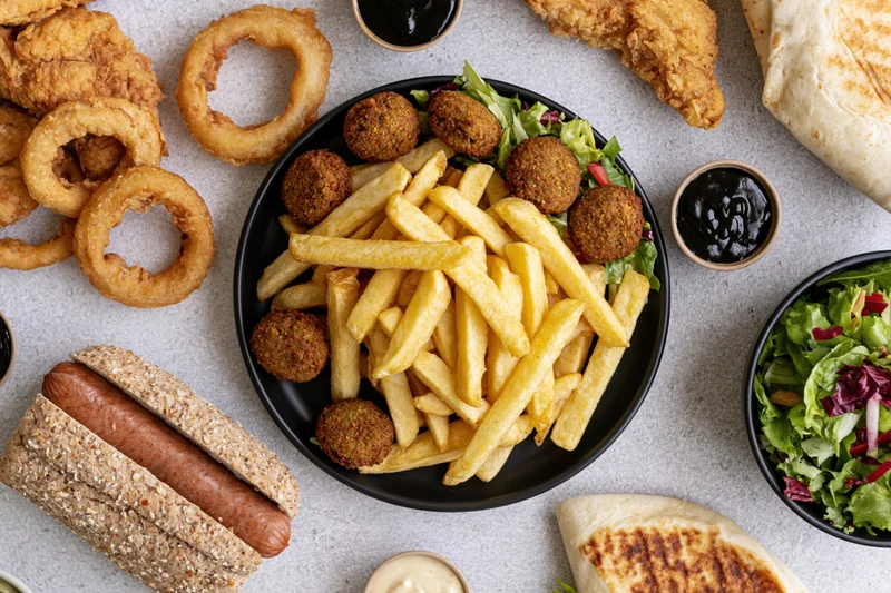 Overhead flat lay of a casual fast-food spread with fries, onion rings, hot dog, wrap, salad, and meatballs on a light gray surface