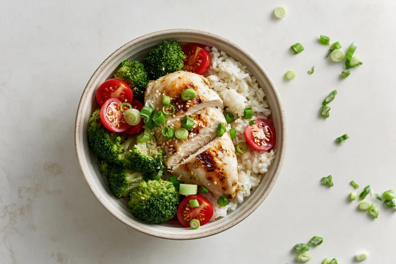 Grilled chicken with rice, broccoli, tomatoes and green onions in a ceramic bowl, overhead view