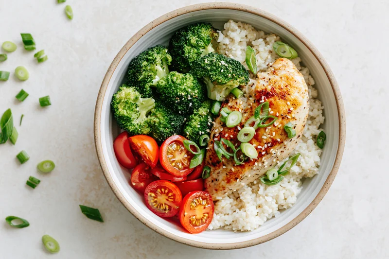 Ceramic bowl with grilled chicken, broccoli, rice and cherry tomatoes arranged in a flat lay overhead view