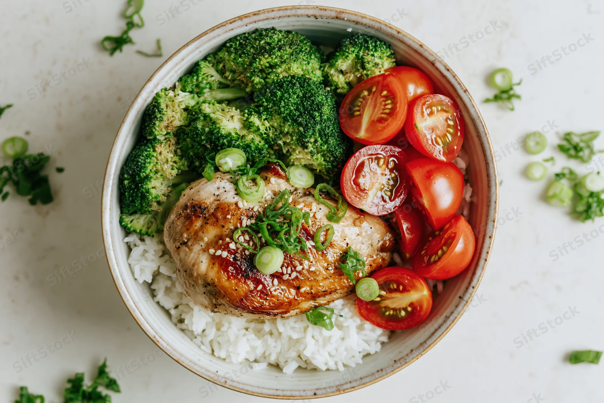 Grilled chicken over rice with broccoli and tomatoes in a ceramic bowl, overhead view