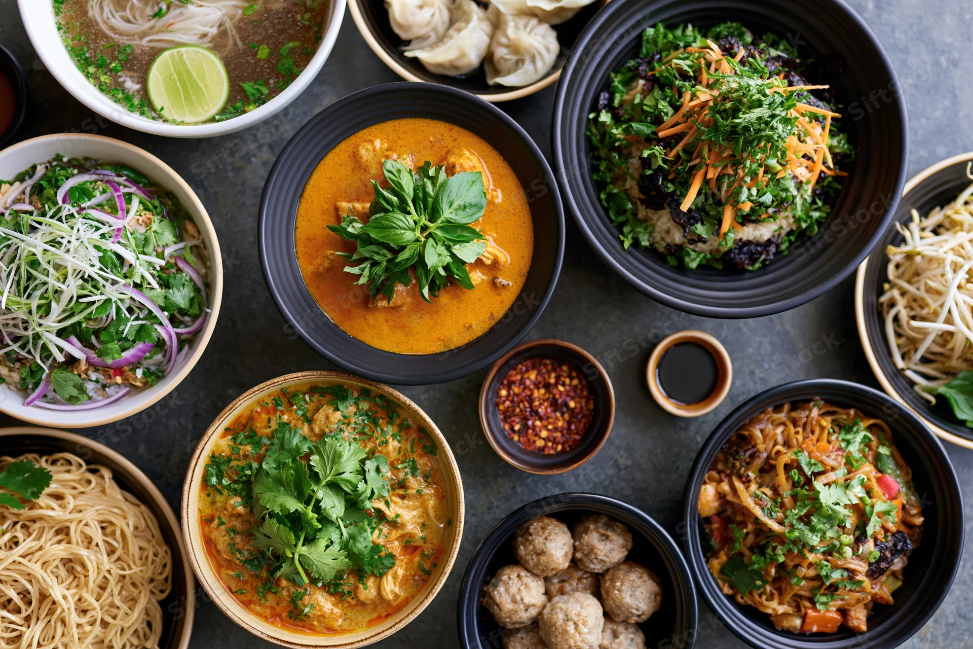 Overhead flat lay of diverse asian dishes arranged on a dark table with bowls of curry, noodles, soup, vegetables, herbs, and condiments