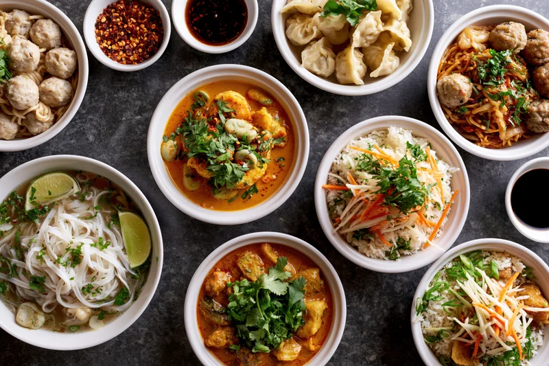 Overhead flat lay of multiple asian dishes served in white bowls on dark table
