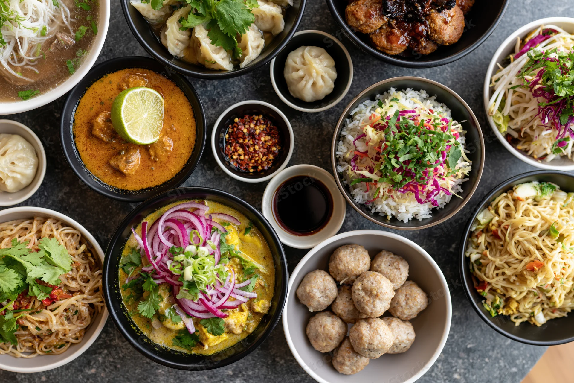 Overhead flat lay of diverse asian dishes arranged on a dark stone table