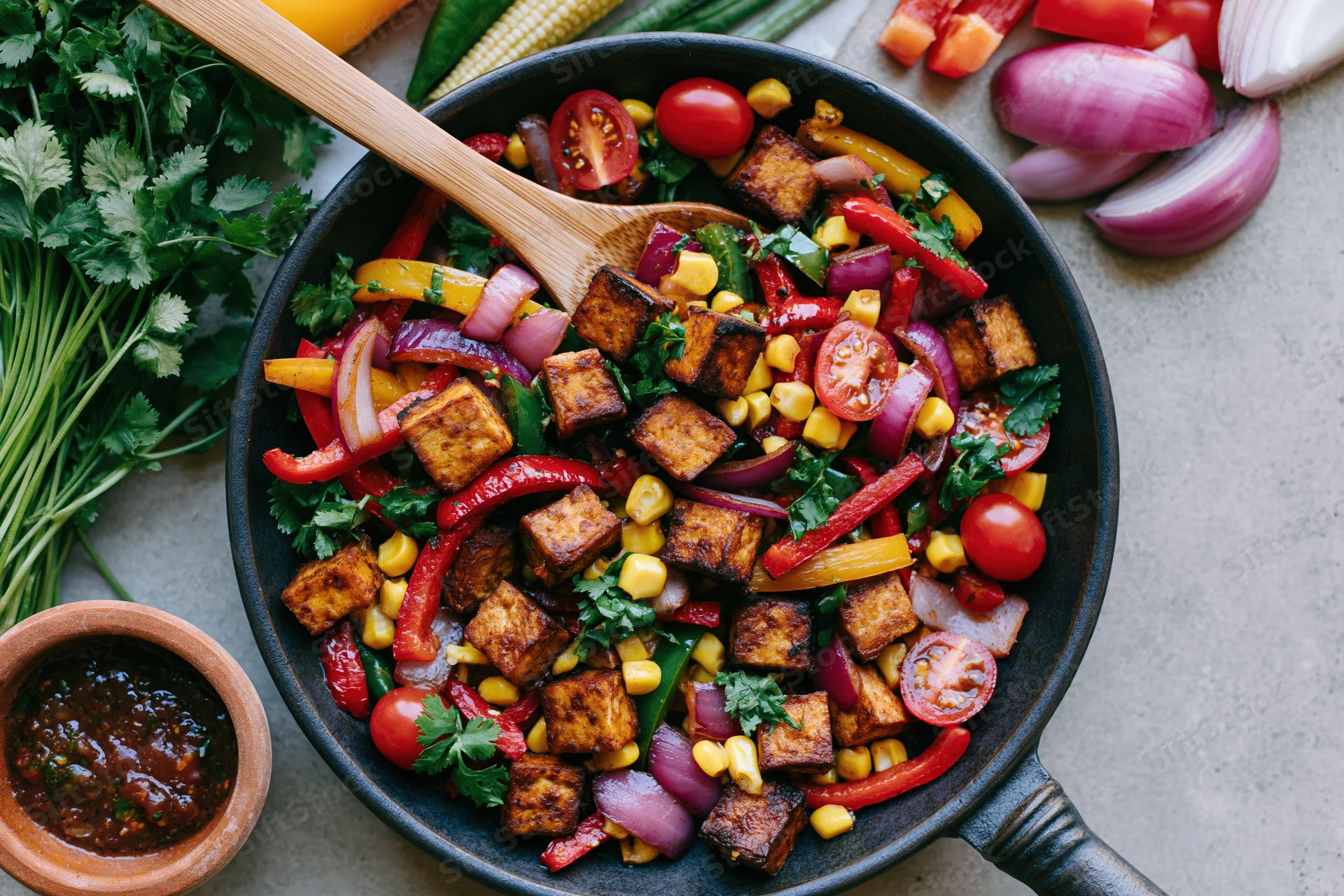 Overhead view of a skillet filled with sautéed tofu and colorful vegetables on a countertop