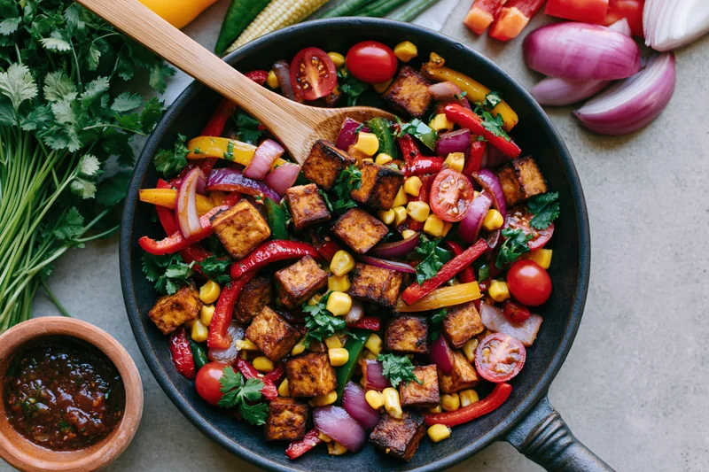 Overhead view of a skillet filled with sautéed tofu and colorful vegetables on a countertop