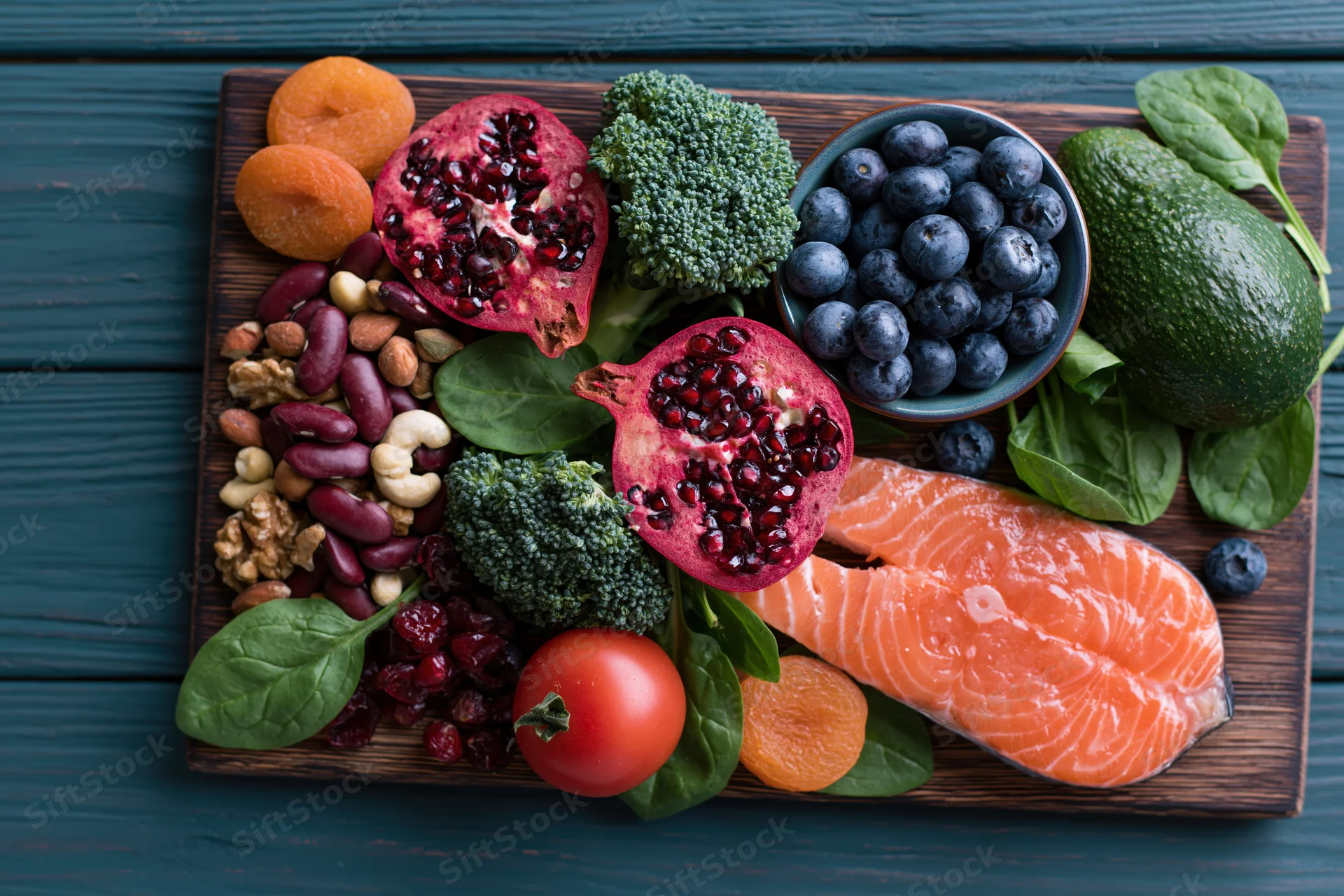 Overhead flat lay of salmon, pomegranate, broccoli, blueberries, avocado, spinach, tomato, apricots, beans, nuts and cranberries arranged on a dark wooden cutting board