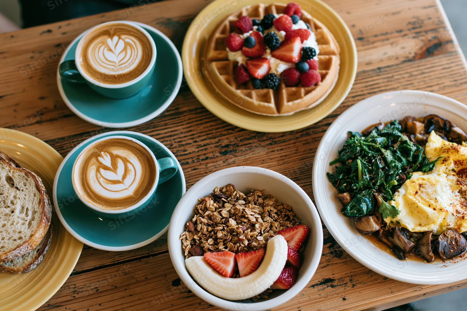 Overhead view of a full cafe brunch spread on a worn wooden table