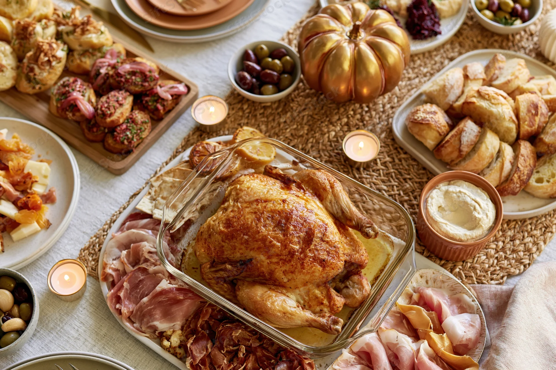 Roasted turkey in a glass dish surrounded by bread, ham, cheese, olives and candles on a woven placemat at a thanksgiving dinner table