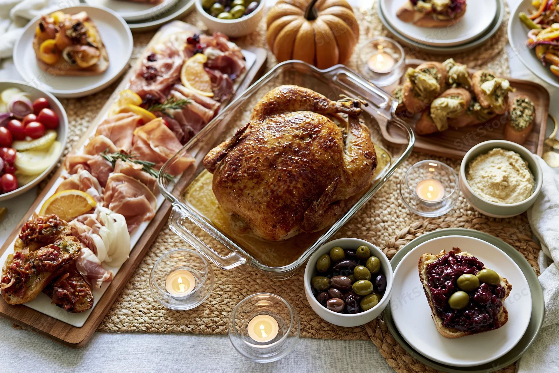 Roasted turkey on a glass platter surrounded by charcuterie, bread, olives, and candles on a thanksgiving dinner table