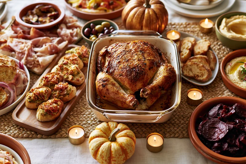 Roasted turkey in a glass dish surrounded by autumn-themed dishes and candles on a dinner table