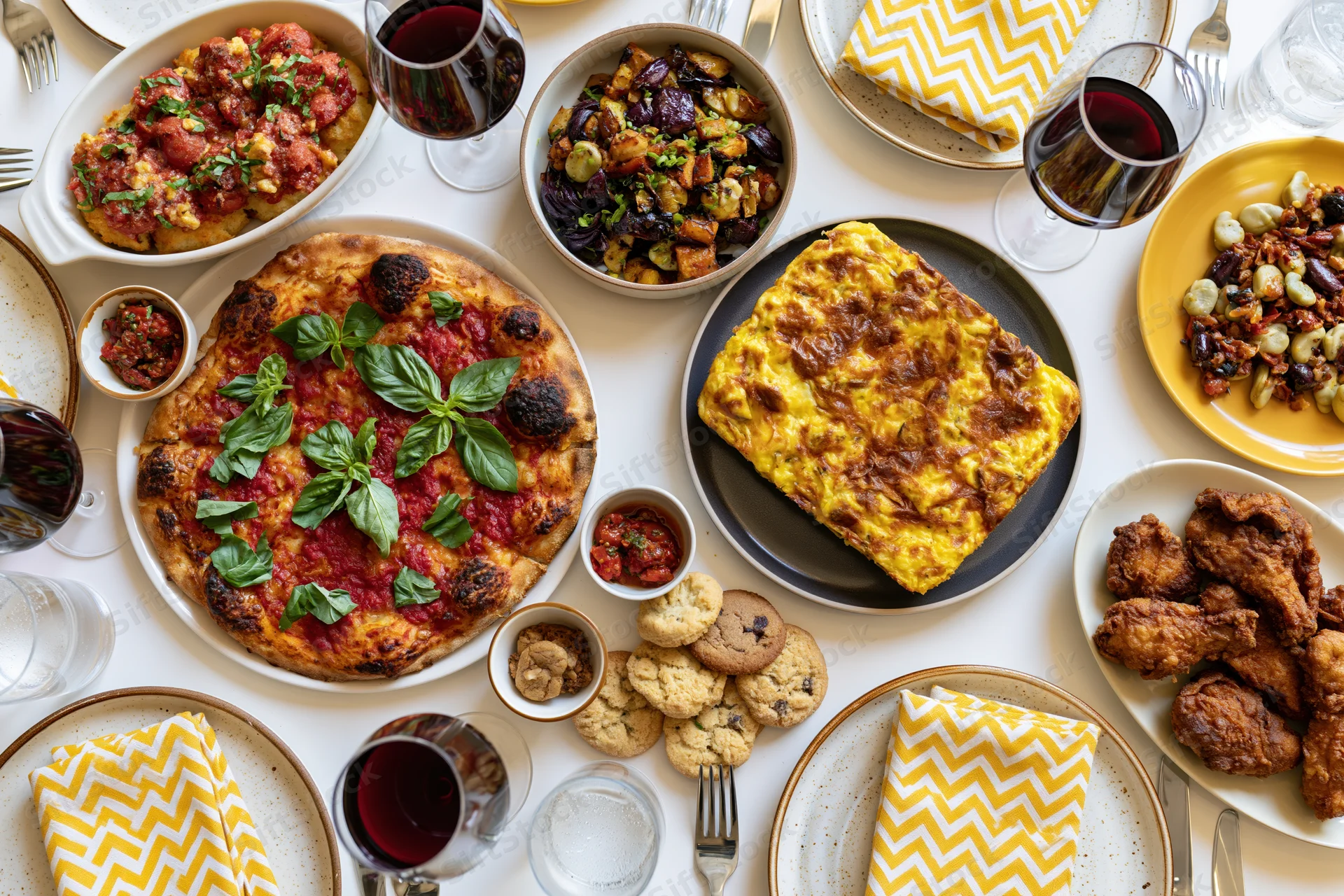 Overhead view of a fully set dining table with pizza, pasta, fried chicken, baked eggs, cookies, wine glasses, and yellow napkins arranged for a shared meal