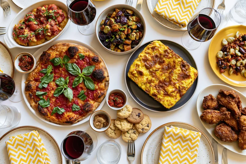 Overhead view of a fully set dining table with pizza, pasta, fried chicken, baked eggs, cookies, wine glasses, and yellow napkins arranged for a shared meal