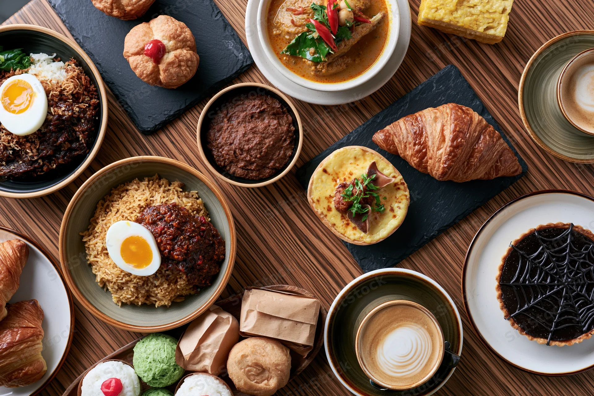 Overhead flat lay of a southeast asian cafe breakfast spread on a wooden table with rice dishes, pastries, coffee and themed desserts