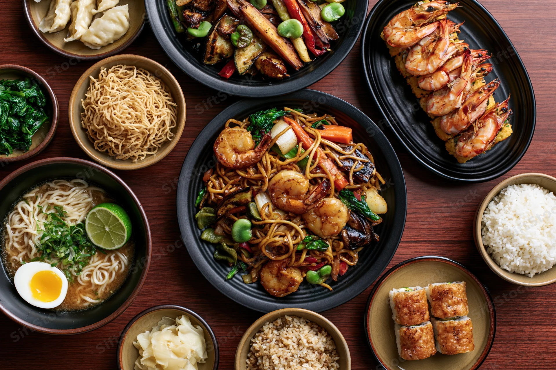 Overhead flat lay of a large spread of asian dishes on a wooden table