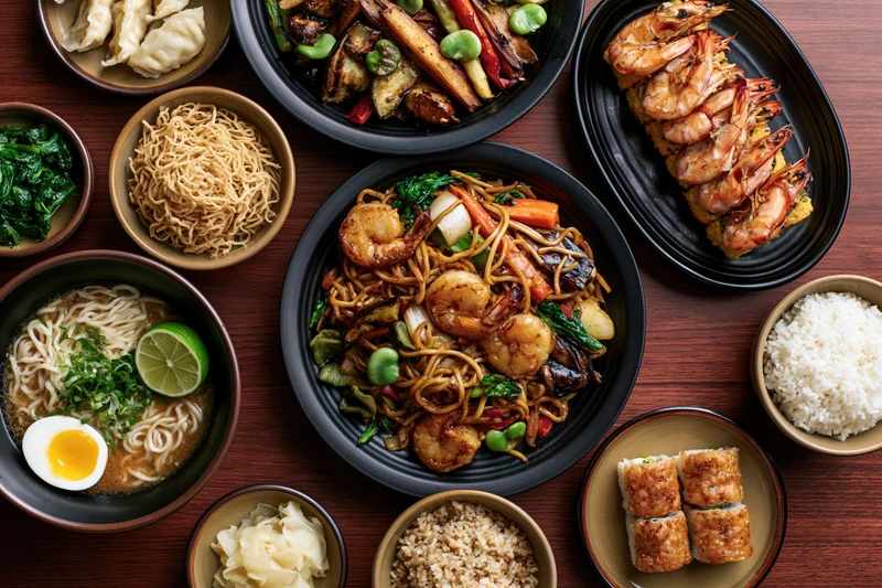 Overhead flat lay of a large spread of asian dishes on a wooden table