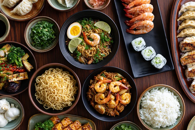 Overhead flat lay of various asian dishes arranged on a wooden table