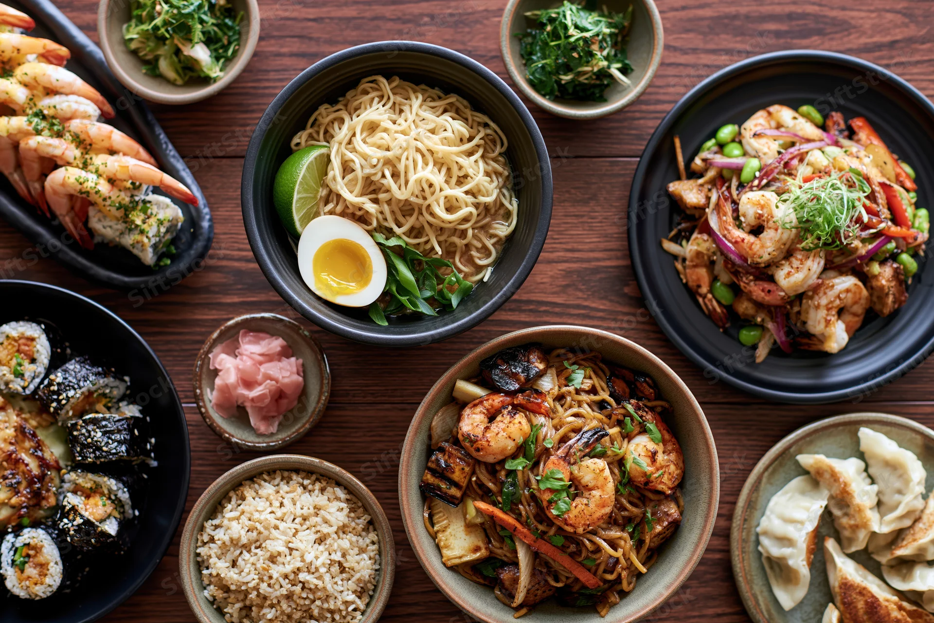 Overhead flat lay of various asian dishes arranged on a wooden table