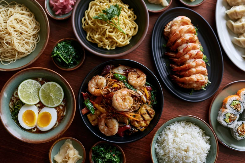Overhead view of a spread of asian dishes including noodles, shrimp, sushi, rice, and vegetables arranged on a wooden table