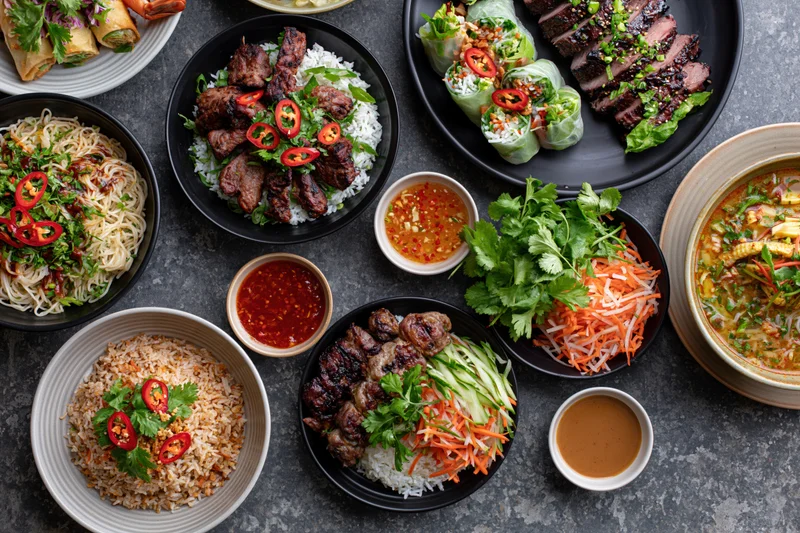 Overhead flat lay of a large spread of southeast asian dishes on a dark stone table