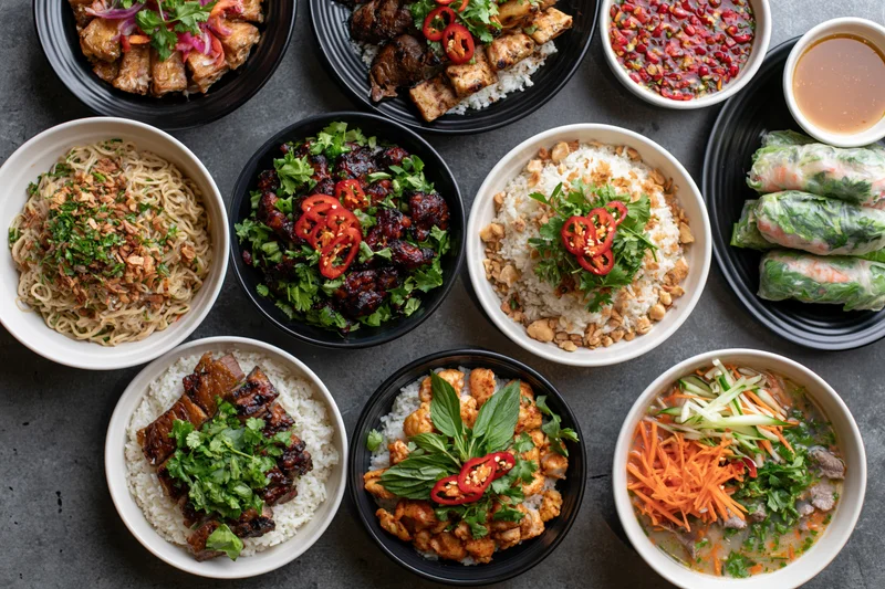 Overhead flat lay of multiple southeast asian dishes arranged on dark surface with rice, noodles, spring rolls, curries, and garnishes