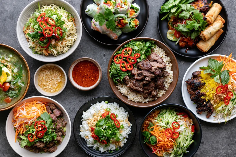 Overhead flat lay of southeast asian dishes arranged on a gray surface with bowls of rice, noodles, spring rolls, beef, vegetables, herbs, and sauces
