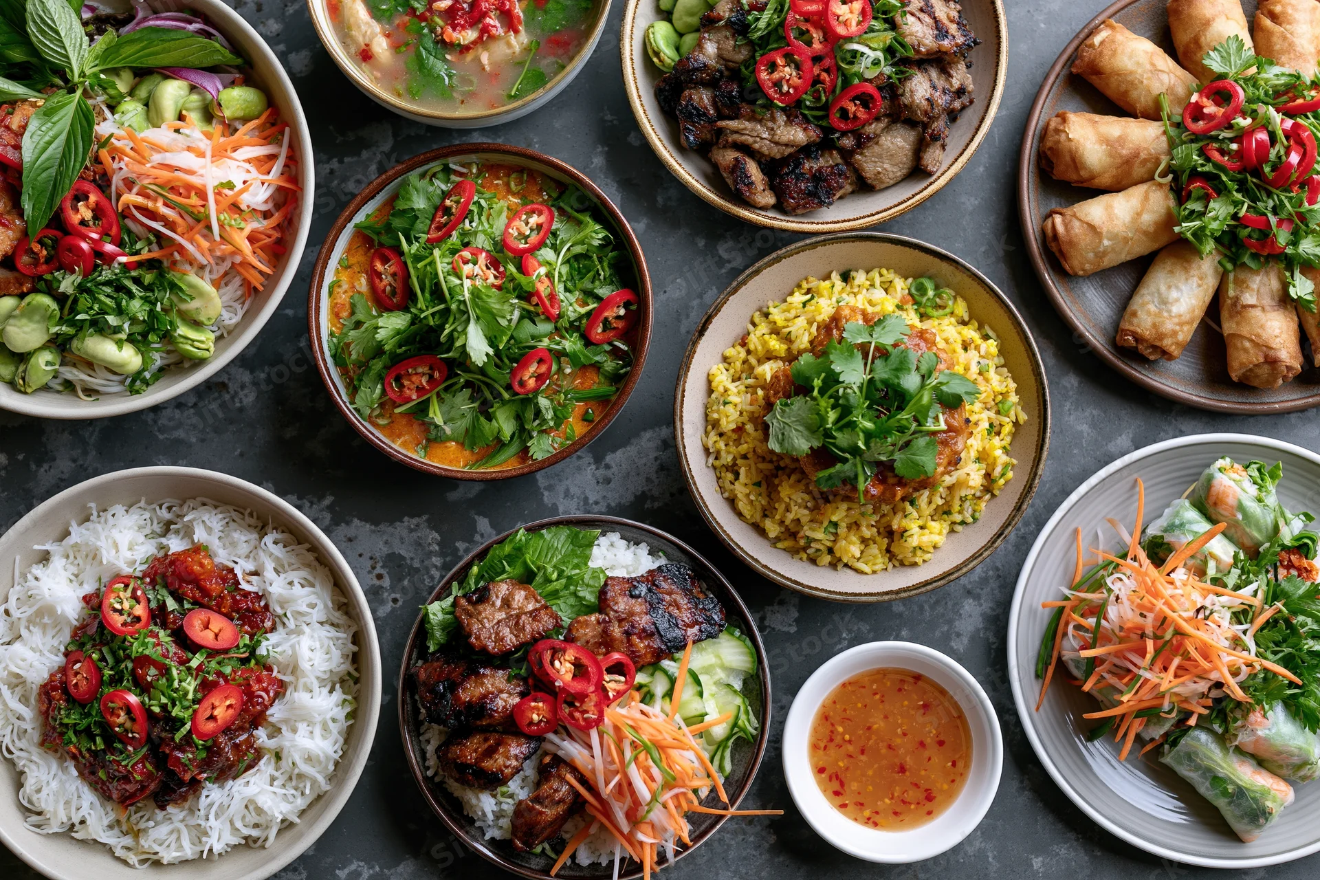 Overhead flat lay of a large spread of southeast asian dishes on dark surface