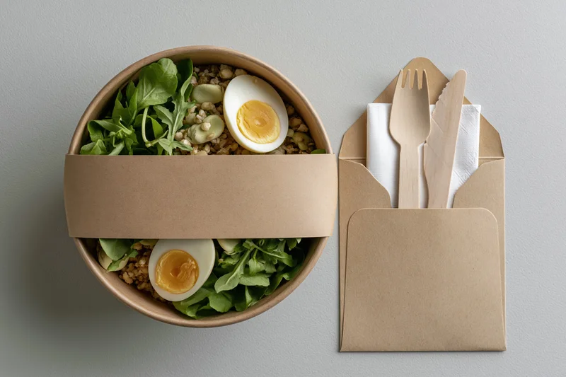 Round kraft paper bowl filled with salad and boiled egg beside wooden cutlery in paper envelope on gray surface