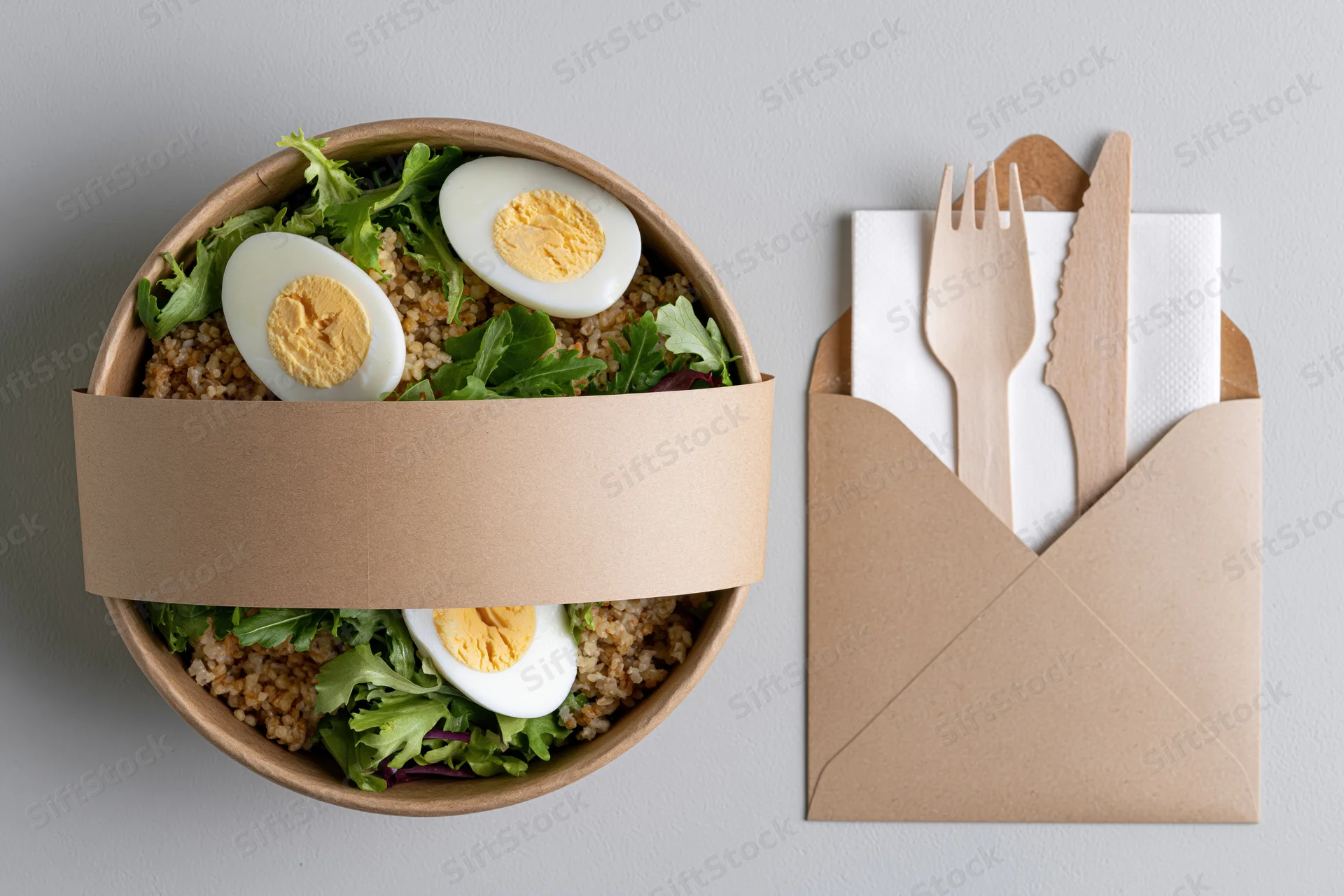 Round kraft paper bowl filled with quinoa salad and hardboiled eggs beside a paper envelope holding wooden utensils and napkin on gray surface
