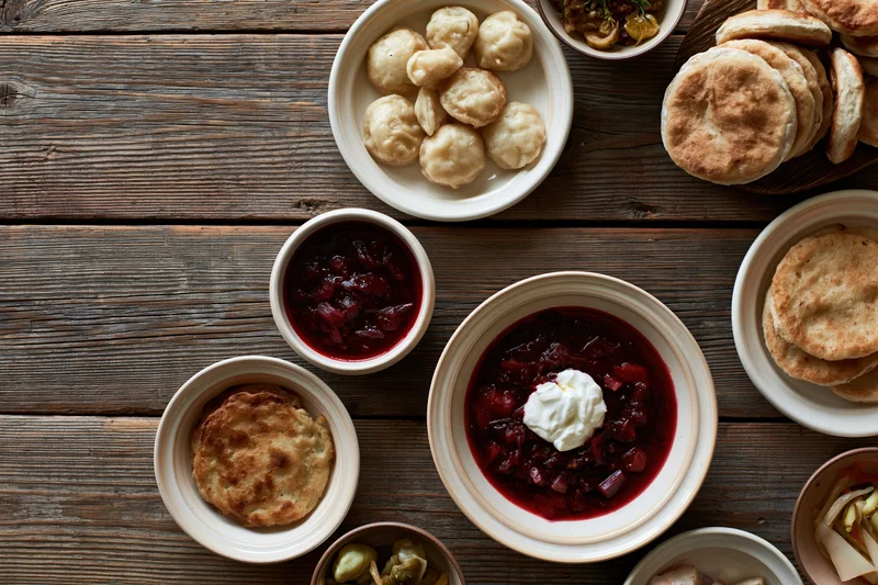 Overhead flat lay of a rustic eastern european meal spread on wooden table with borscht, pierogi, bread and condiments