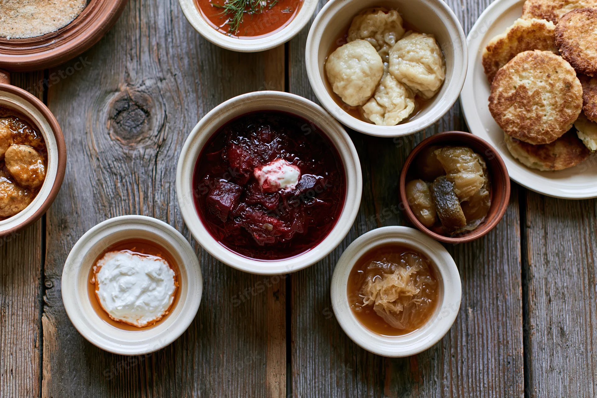 Overhead flat lay of a rustic eastern european meal spread on wooden table with borscht, pierogi, sourdough, and side dishes