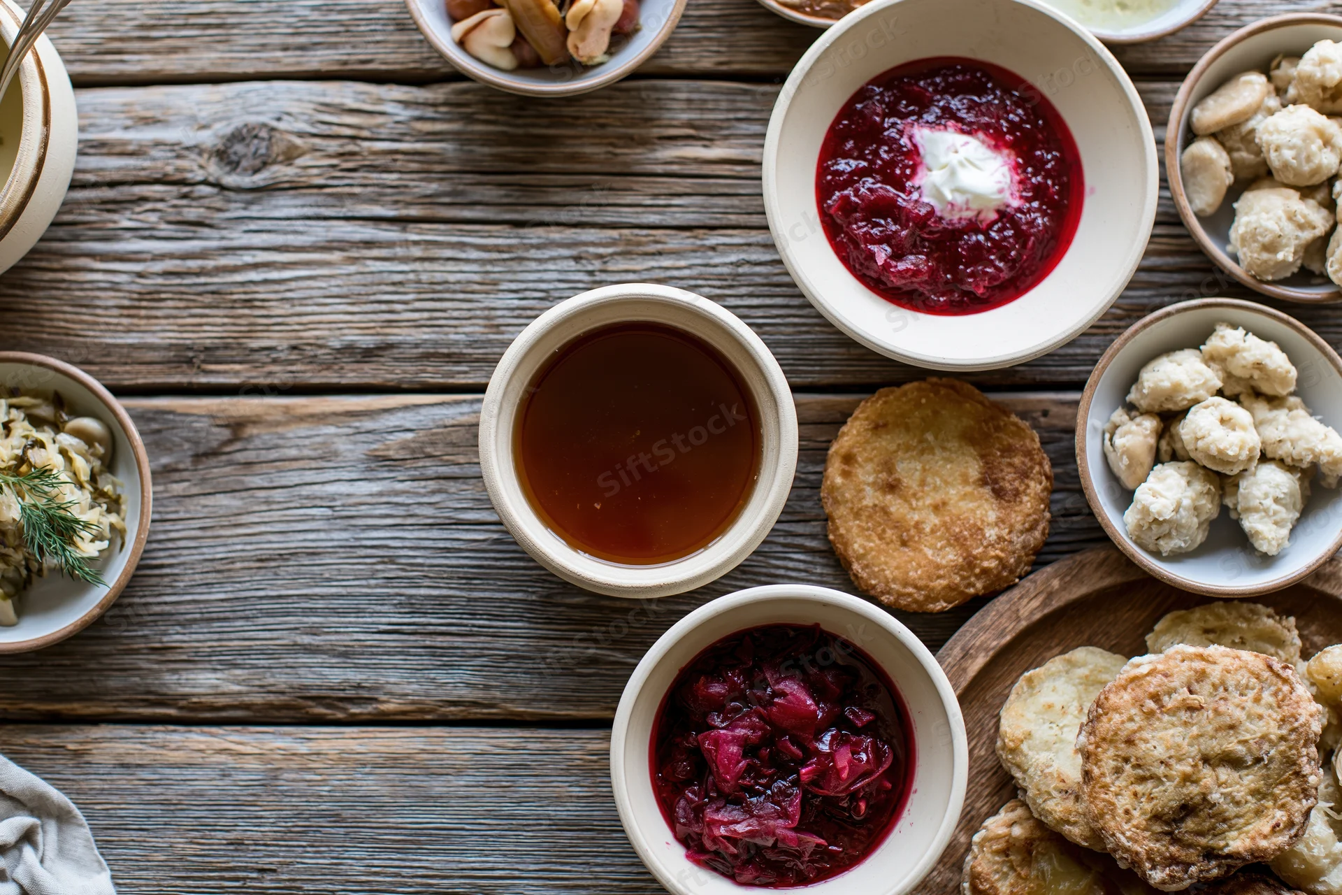 Rustic eastern european meal spread on wooden table with bowls of compote, honey, dumplings and biscuits